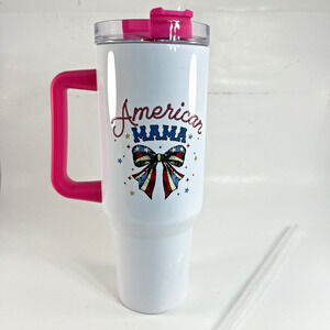 America Mama 30oz Tumbler Stainless Steel Cup Pink Handle